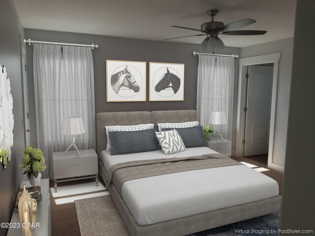 bedroom with carpet flooring and ceiling fan