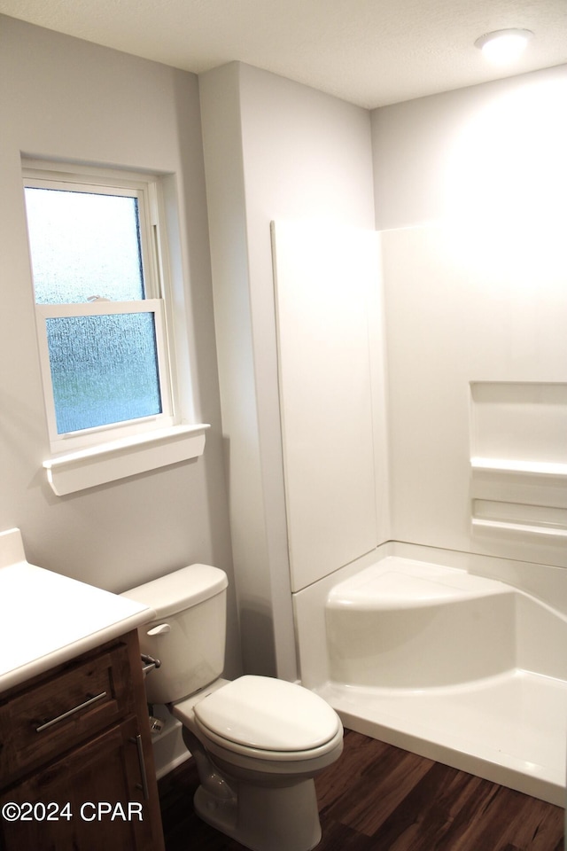 bathroom featuring hardwood / wood-style floors, vanity, and toilet