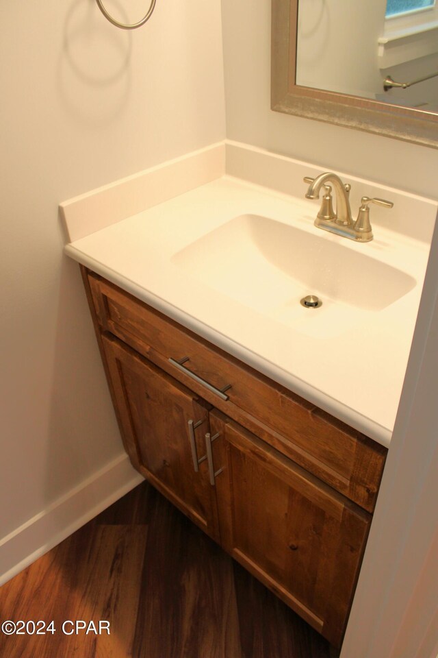 bathroom with vanity and wood-type flooring