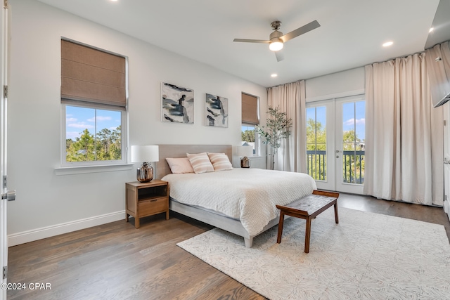 bedroom with wood-type flooring, ceiling fan, french doors, and access to exterior