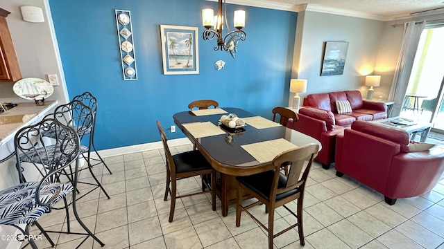 dining room with an inviting chandelier, ornamental molding, and light tile flooring