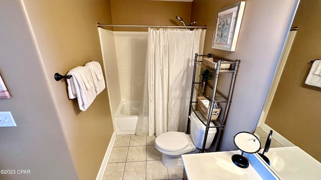 full bathroom featuring vanity, shower / bath combination with curtain, tile floors, and toilet