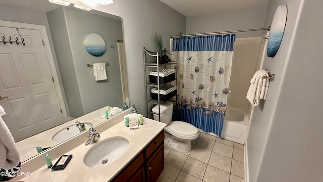 full bathroom featuring vanity, shower / bath combo, tile flooring, a textured ceiling, and toilet