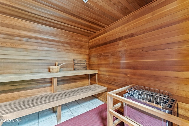 view of sauna / steam room with wood ceiling and tile floors