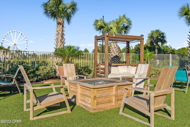 view of jungle gym with an outdoor fire pit and a lawn