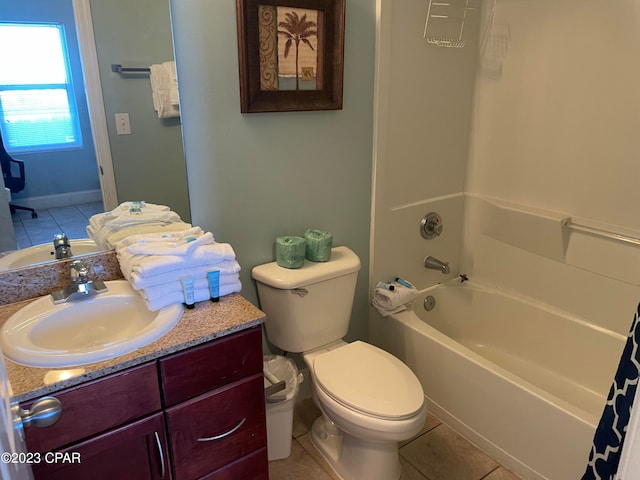 full bathroom featuring shower / tub combo with curtain, tile patterned flooring, vanity, and toilet