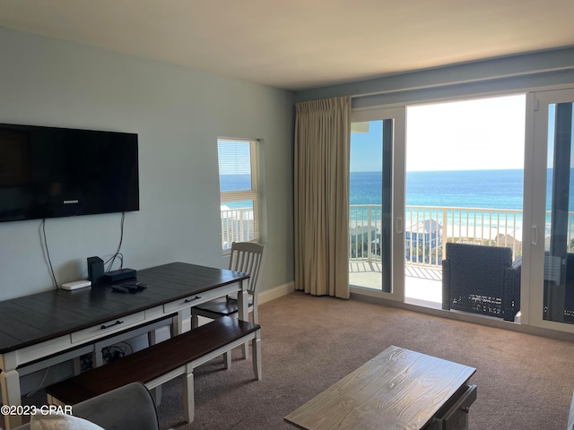 carpeted office with a view of the beach, a water view, and plenty of natural light