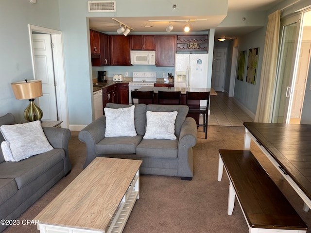 carpeted living room featuring rail lighting