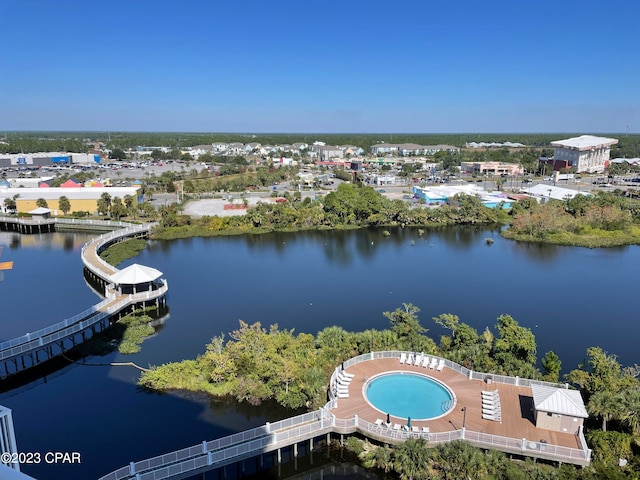 bird's eye view with a water view