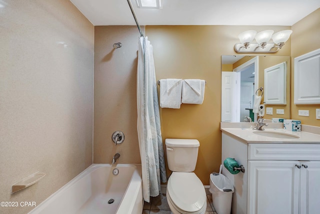 full bathroom with shower / tub combo with curtain, vanity, toilet, and tile patterned floors