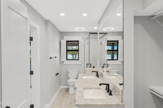 bathroom featuring wood-type flooring, toilet, a shower with door, and sink