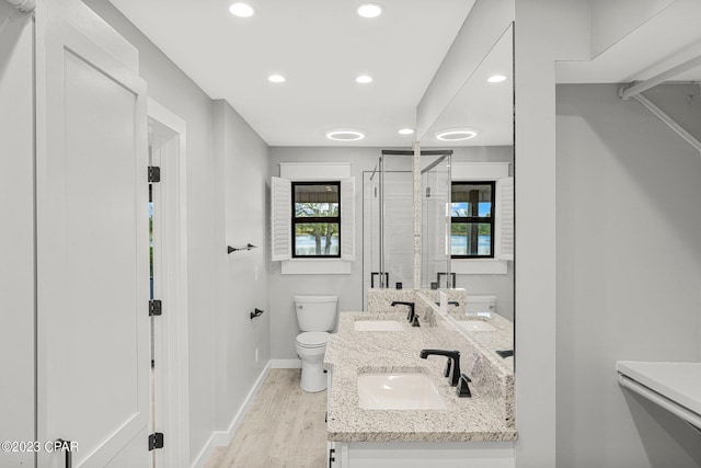 bathroom with wood-type flooring, vanity, toilet, and a shower with door