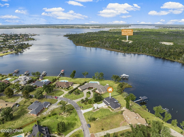 drone / aerial view featuring a water view