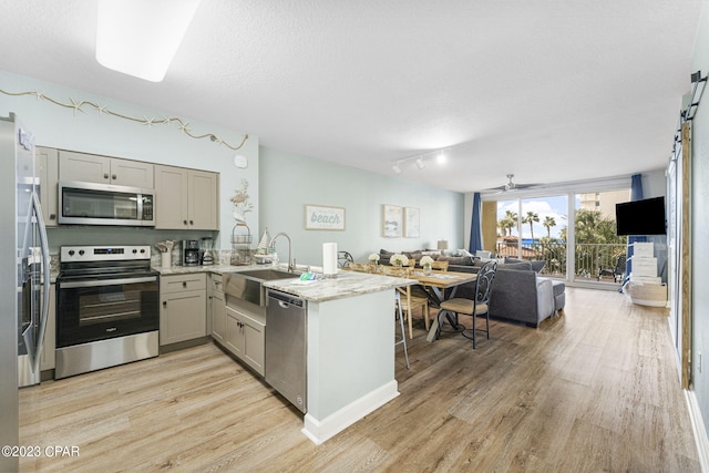 kitchen with gray cabinetry, sink, rail lighting, appliances with stainless steel finishes, and kitchen peninsula