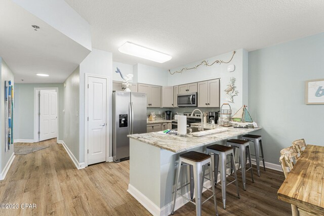 kitchen with gray cabinetry, sink, stainless steel appliances, kitchen peninsula, and light hardwood / wood-style floors