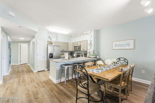 dining room featuring light hardwood / wood-style floors and a textured ceiling