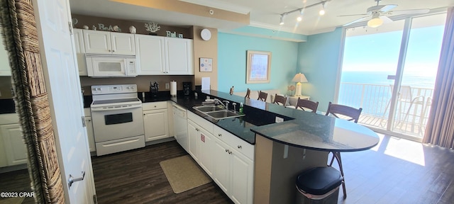 kitchen featuring rail lighting, kitchen peninsula, white appliances, and white cabinets