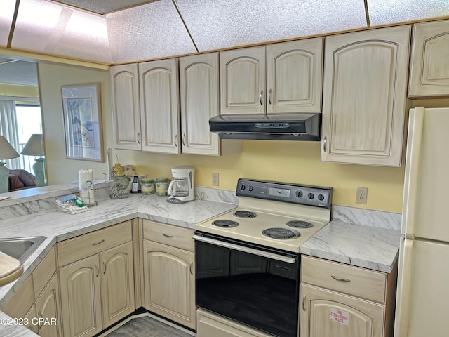 kitchen featuring electric stove, white refrigerator, and light brown cabinets