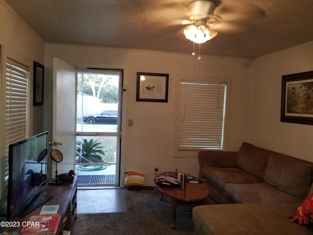 living room with ceiling fan and a textured ceiling