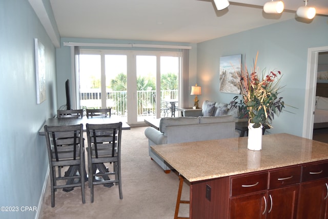 kitchen featuring open floor plan, light colored carpet, plenty of natural light, and dark brown cabinets