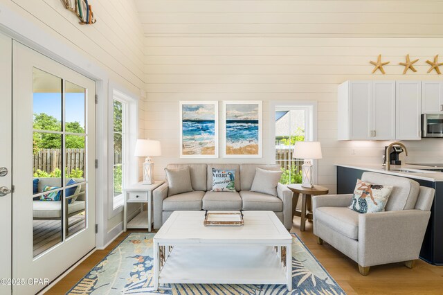 living room with light hardwood / wood-style floors, plenty of natural light, and sink