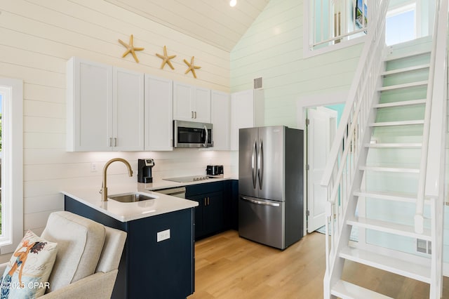 kitchen featuring light wood-type flooring, sink, stainless steel appliances, and white cabinetry