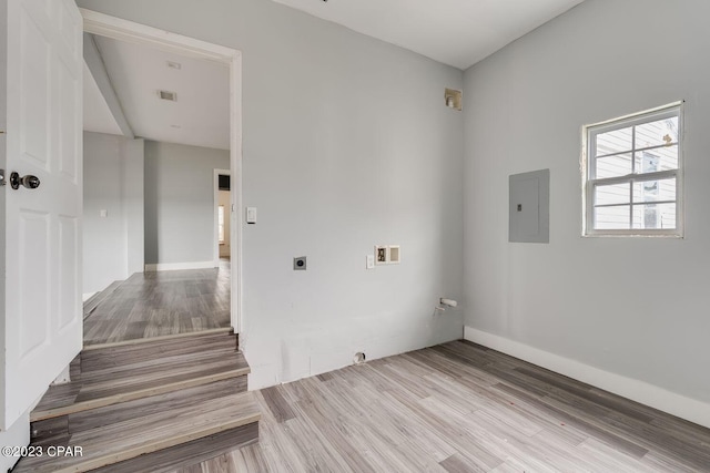 interior space featuring washer hookup, hardwood / wood-style flooring, electric panel, and electric dryer hookup