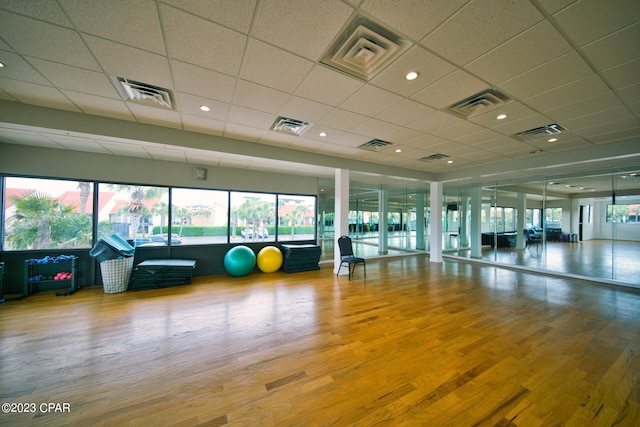 exercise room featuring a paneled ceiling and wood-type flooring