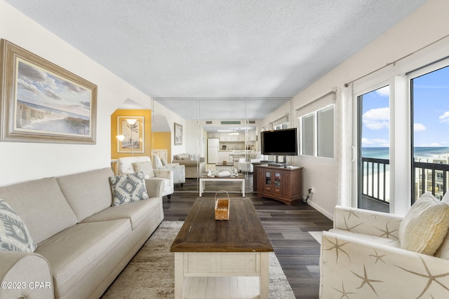 living room with dark hardwood / wood-style flooring and a textured ceiling