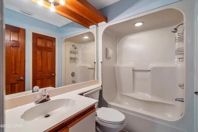 full bathroom with  shower combination, toilet, and vanity