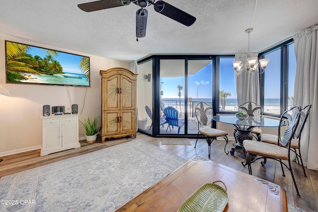 9850 S Thomas Dr Unit 211E, Panama City Beach, FL 32408 - living area featuring light wood finished floors, a textured ceiling, ceiling fan, a chandelier, and baseboards