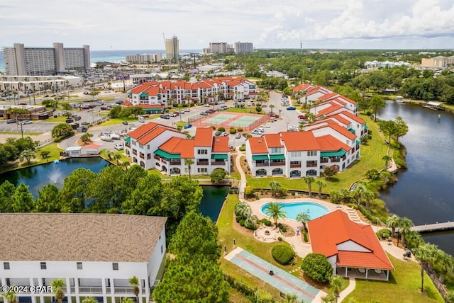 bird's eye view with a water view