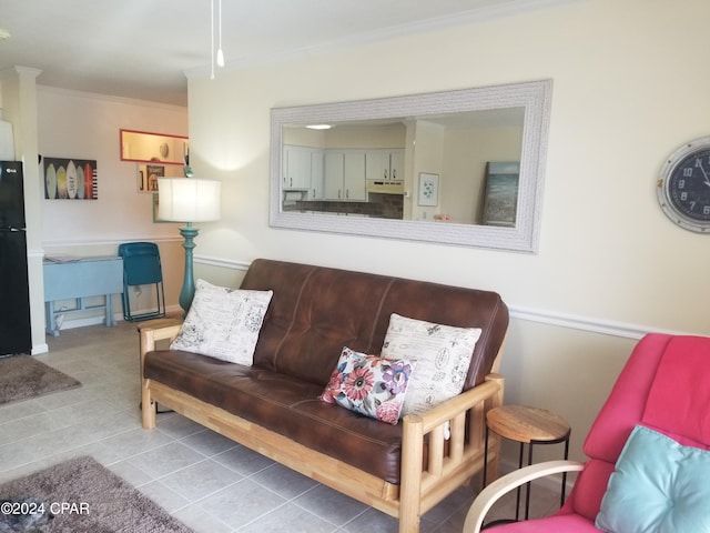 tiled living room featuring crown molding