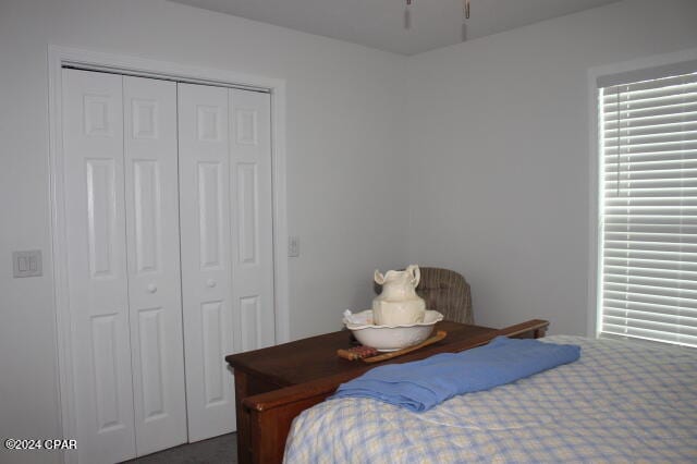 carpeted bedroom featuring a closet