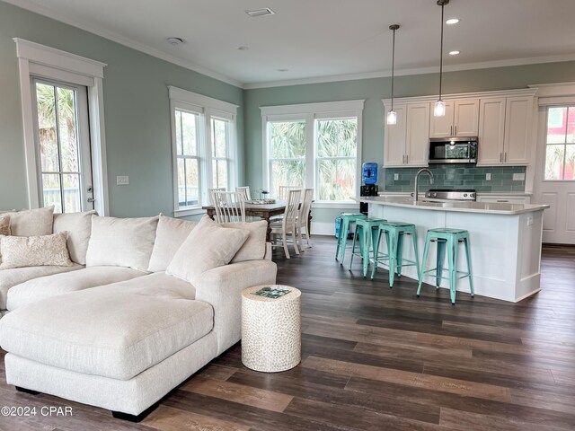 living room featuring a wealth of natural light, crown molding, and dark hardwood / wood-style floors