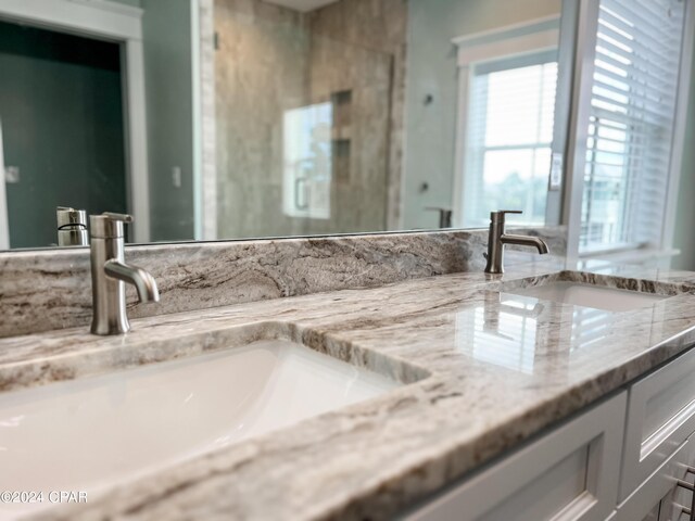 bathroom featuring wood-type flooring, a wealth of natural light, vanity with extensive cabinet space, and dual sinks