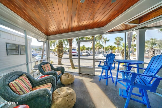 sunroom with wood ceiling