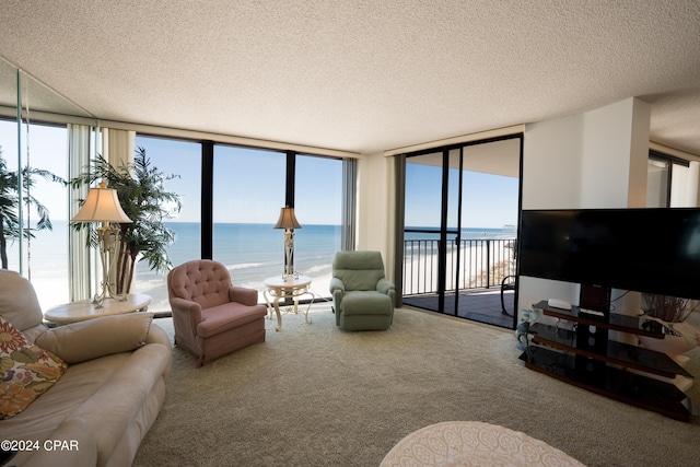 carpeted living room with a textured ceiling, a healthy amount of sunlight, and a water view