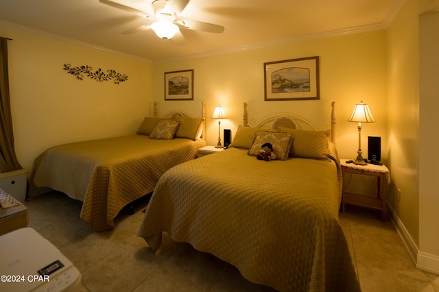 tiled bedroom featuring ceiling fan and ornamental molding