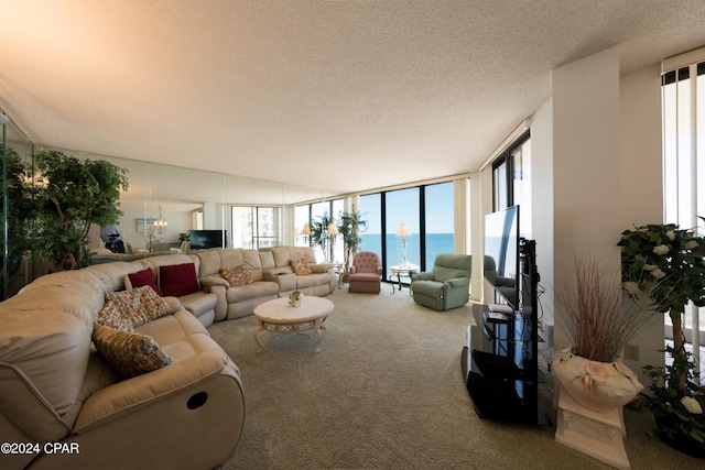 carpeted living room featuring a water view, a textured ceiling, a healthy amount of sunlight, and a wall of windows