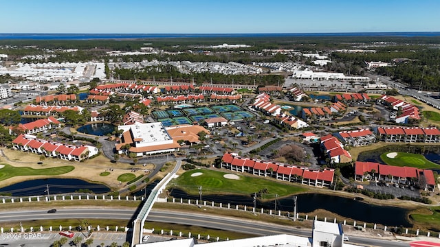 drone / aerial view with a water view