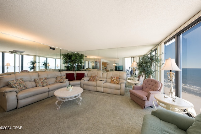 carpeted living room featuring a textured ceiling, a healthy amount of sunlight, and a wall of windows