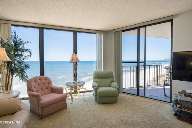 living room featuring a wealth of natural light and a water view