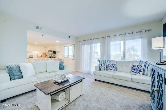 carpeted living room with sink