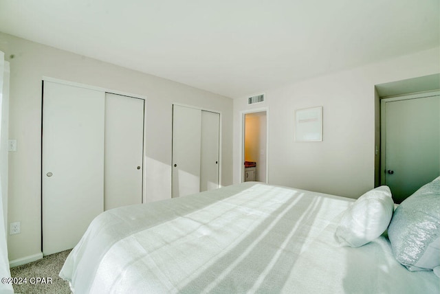 bedroom with light carpet and two closets