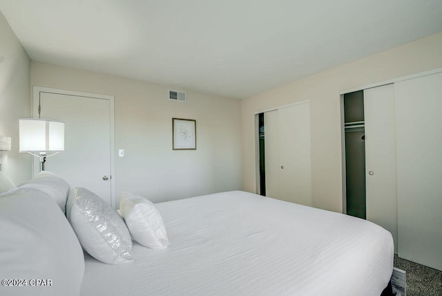 bedroom with carpet floors and multiple closets