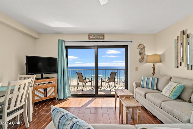 living room with a water view and dark hardwood / wood-style flooring