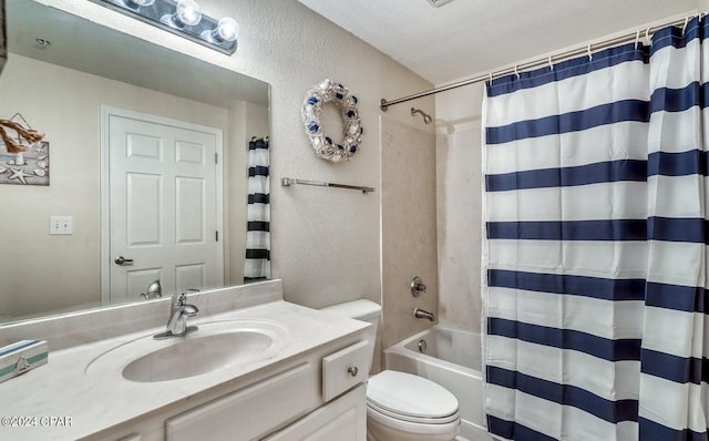 full bathroom with shower / tub combo, toilet, a textured ceiling, and vanity