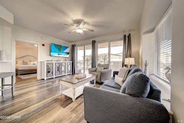 living room with ceiling fan and hardwood / wood-style floors