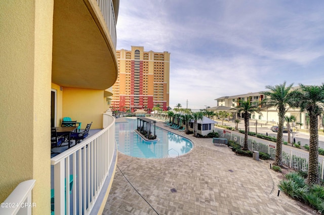 view of swimming pool featuring a patio area